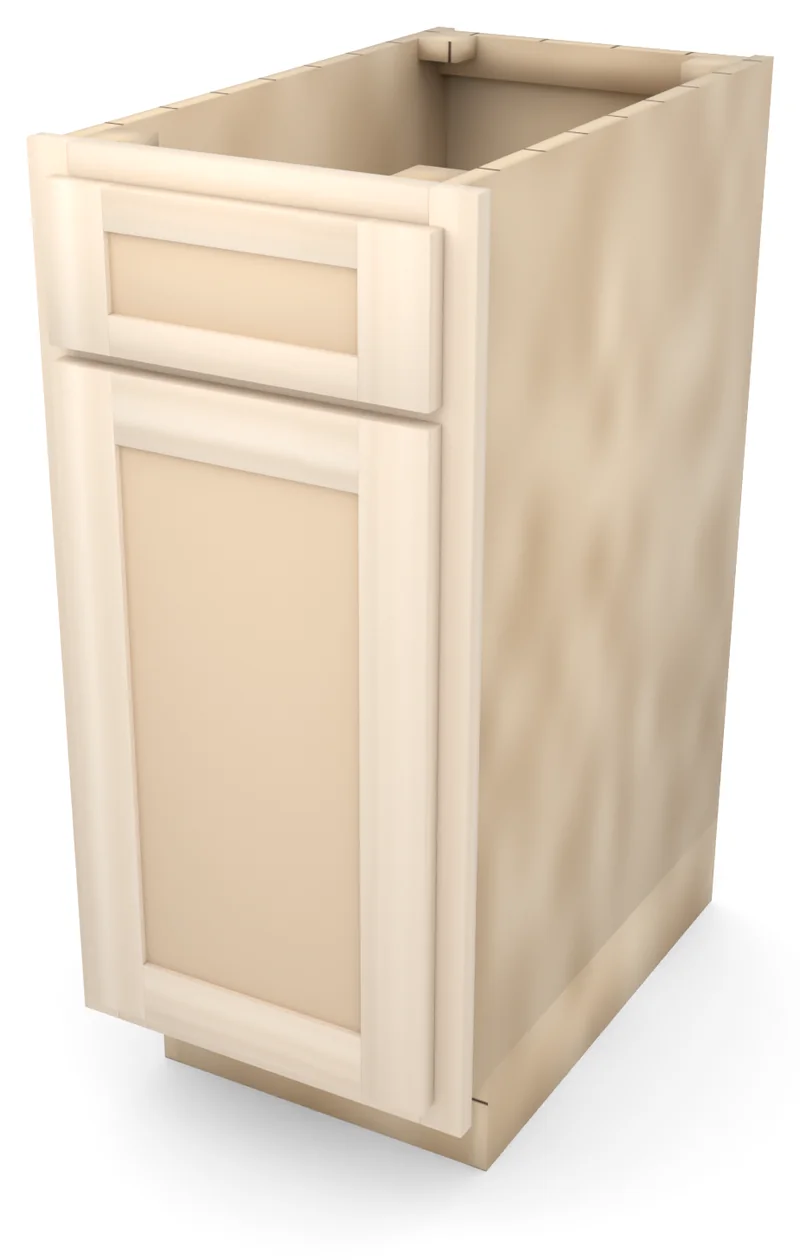 Brushhollow 15" base, 5" drawer over a 23" door, flat panel, 3/4 view, unfinished