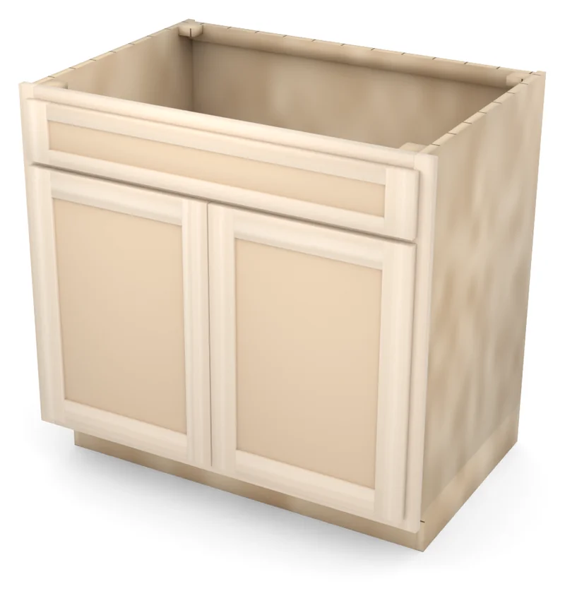 Brushhollow 36" base, 5" drawer over two 23" doors, flat panel, 3/4 view, unfinished