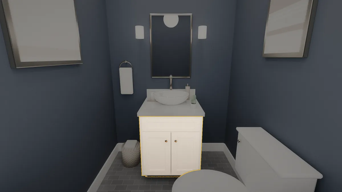 24 inch Brushhollow bathroom vanity, 32 inch finished height, flat panel doors, shown in a finished bathroom