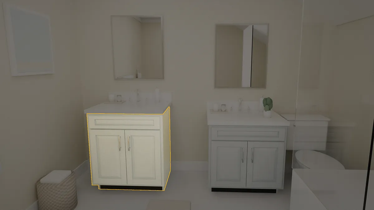 30 inch bathroom vanity, 36 inch finished height, raised panel doors, shown in a finished bathroom