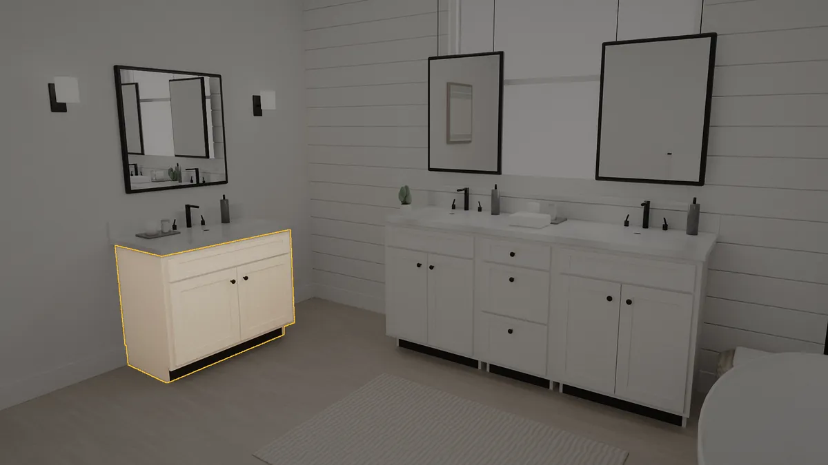 36 inch Brushhollow bathroom vanity, 32 inch finished height, flat panel doors, shown in a finished bathroom