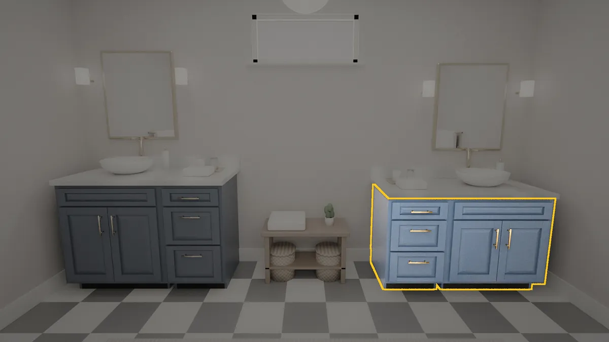 48 inch bathroom vanity, 32 inch finished height, raised panel doors, shown in a finished bathroom