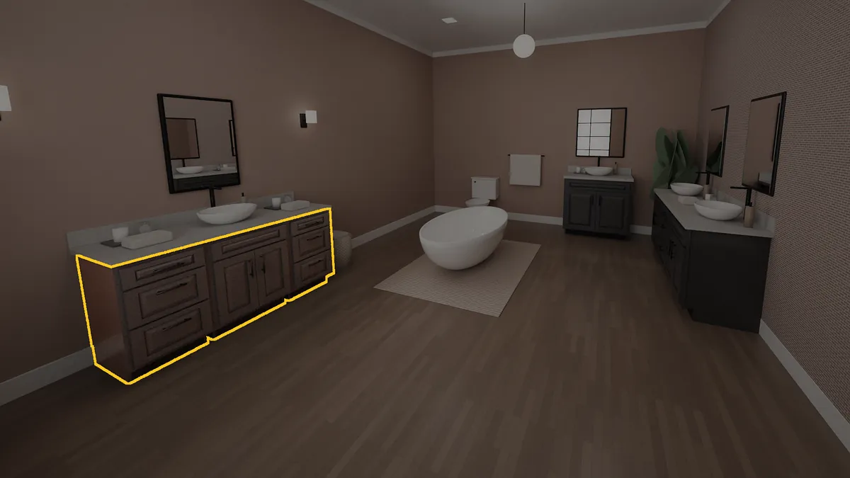 60 inch bathroom vanity, 32 inch finished height, raised panel doors, shown in a finished bathroom