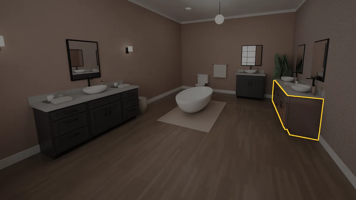 72 inch Brushhollow bathroom vanity, 32 inch finished height, flat panel doors, shown in a finished bathroom