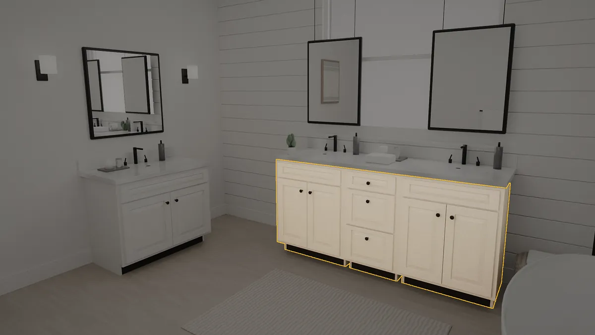 72 inch bathroom vanity, 36 inch finished height, raised panel doors, shown in a finished bathroom