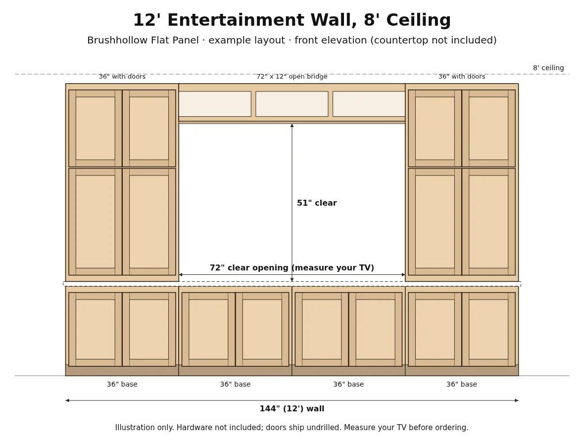 12' Entertainment Wall Layout, 8' Ceiling - Brushhollow front elevation drawing