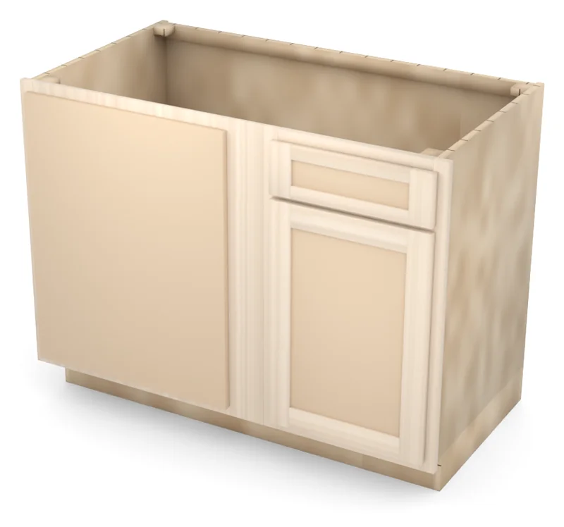 Brushhollow 45" blind corner base, blind left, flat panel door hinged on the left (blind side), 3/4 view, unfinished