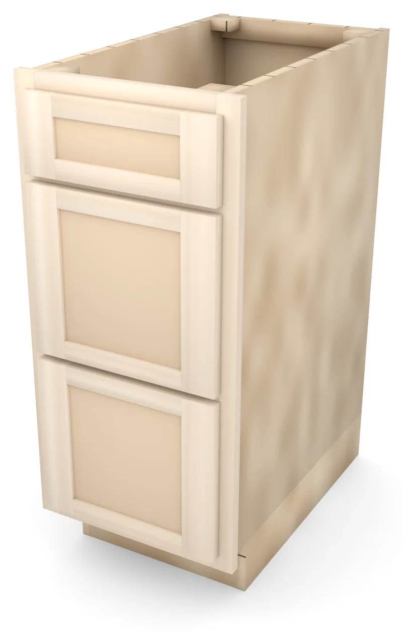 Brushhollow 15" 3-drawer base, Shaker fronts, 3/4 view, unfinished