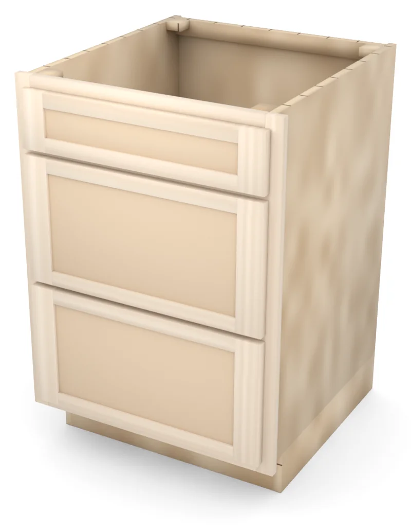Brushhollow 24" 3-drawer base, Shaker fronts, 3/4 view, unfinished