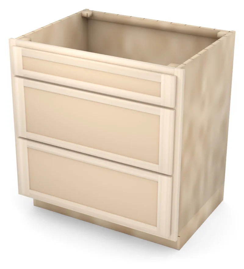 Brushhollow 33" 3-drawer base, Shaker fronts, 3/4 view, unfinished