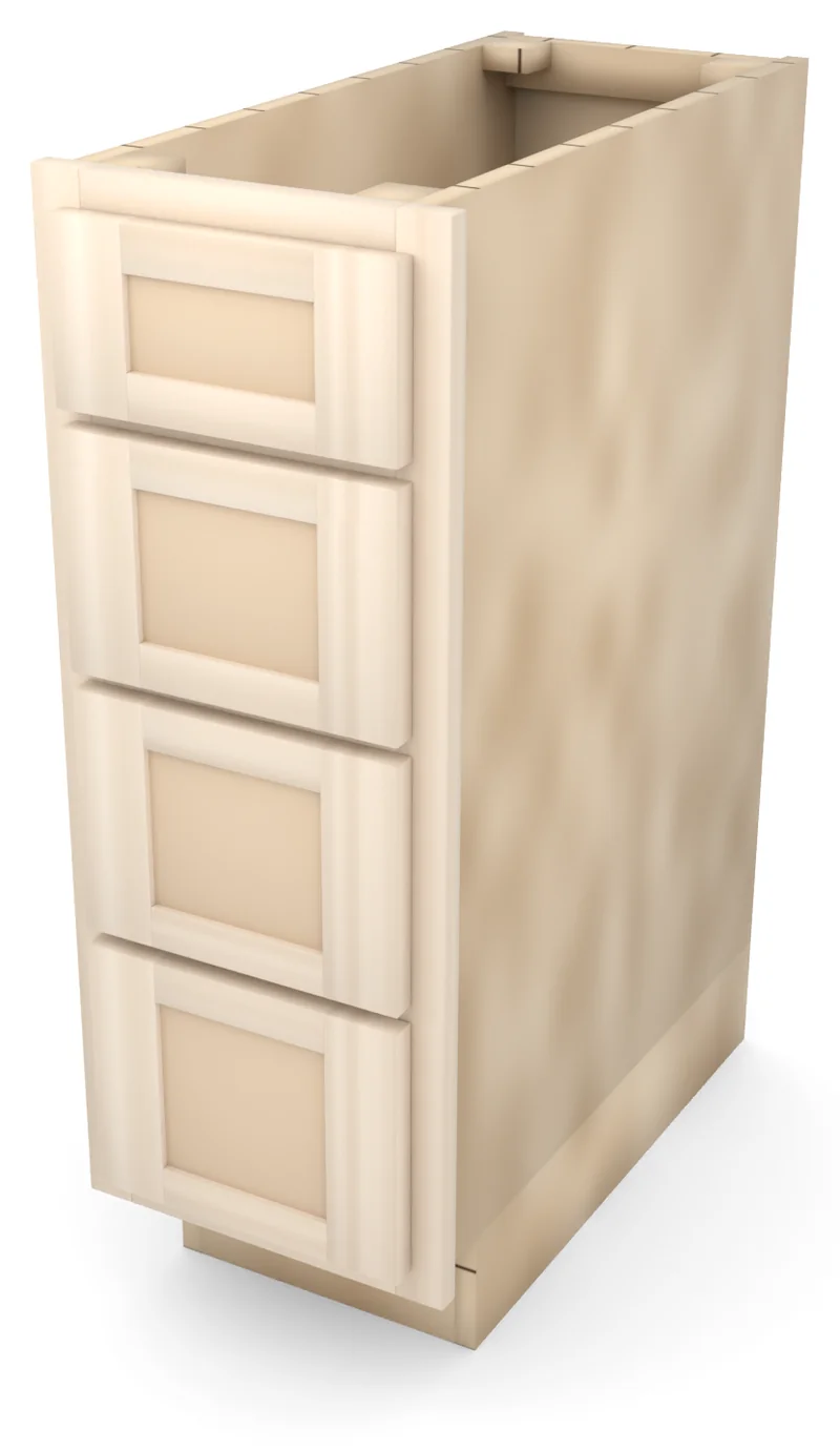 Brushhollow 12" 4-drawer base, Shaker fronts, 3/4 view, unfinished