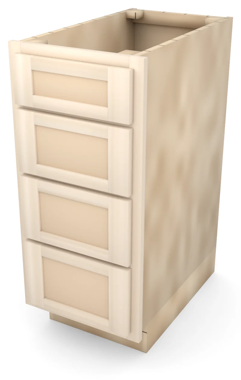 Brushhollow 15" 4-drawer base, Shaker fronts, 3/4 view, unfinished