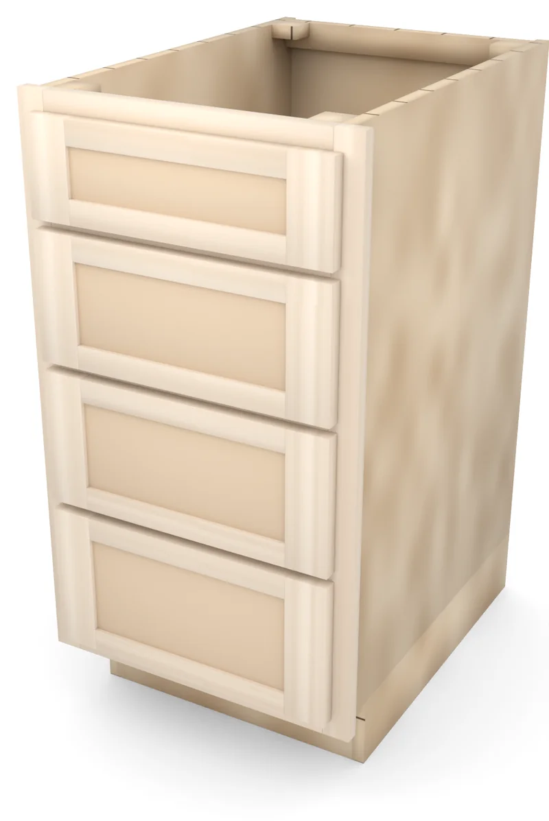Brushhollow 18" 4-drawer base, Shaker fronts, 3/4 view, unfinished