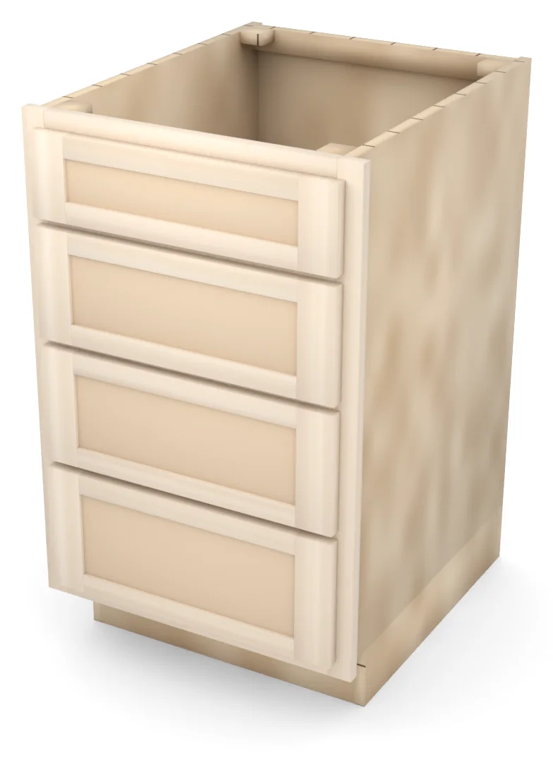 Brushhollow 21" 4-drawer base, Shaker fronts, 3/4 view, unfinished