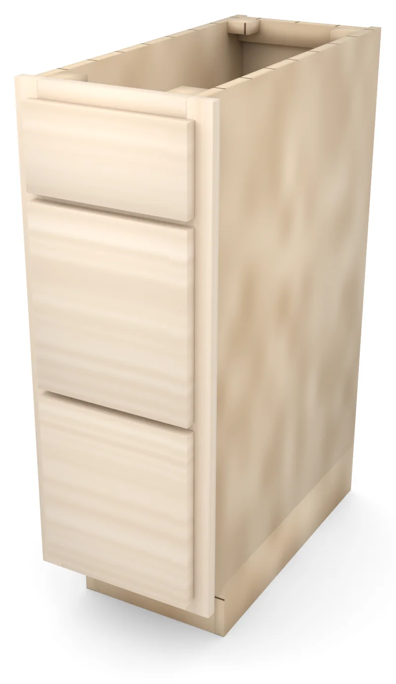 Brushhollow 12" 3-drawer base, slab fronts, 3/4 view, unfinished
