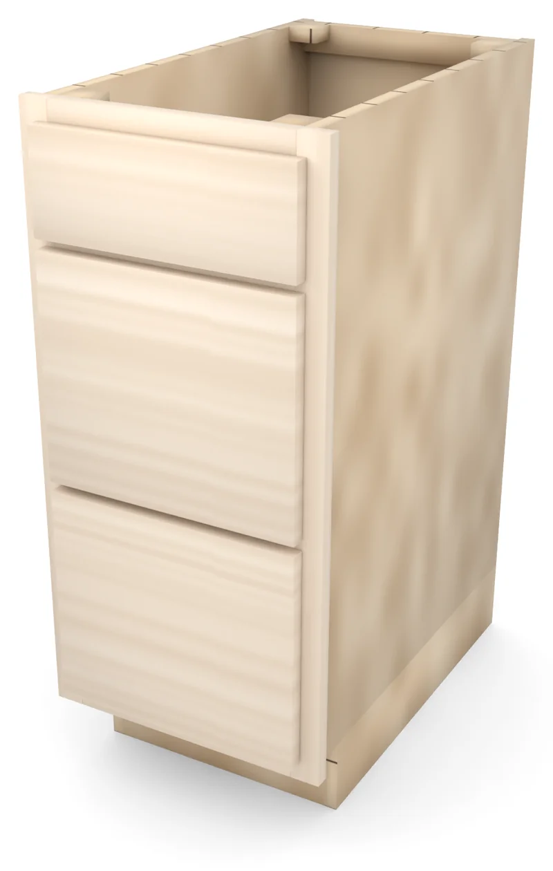Brushhollow 15" 3-drawer base, slab fronts, 3/4 view, unfinished