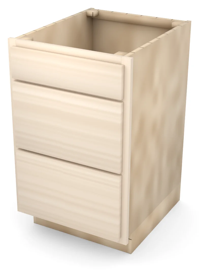 Brushhollow 21" 3-drawer base, slab fronts, 3/4 view, unfinished