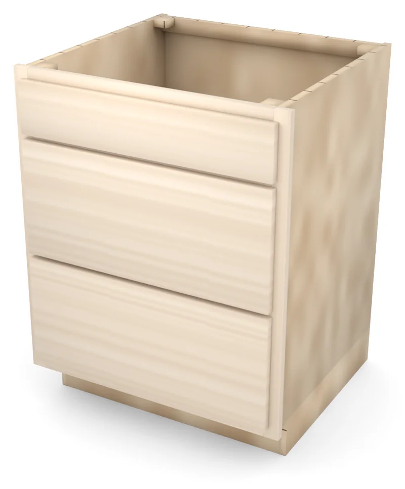 Brushhollow 27" 3-drawer base, slab fronts, 3/4 view, unfinished