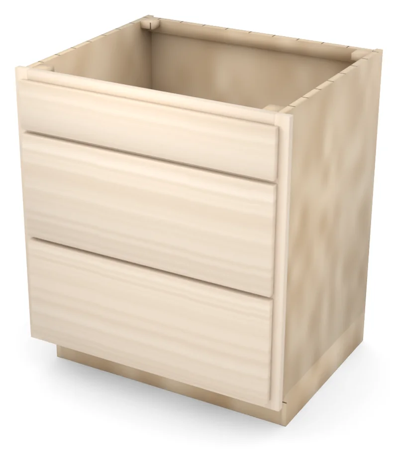 Brushhollow 30" 3-drawer base, slab fronts, 3/4 view, unfinished