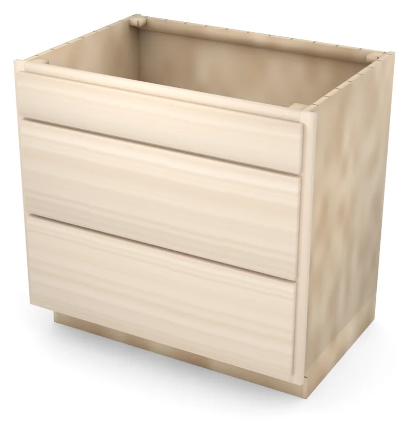 Brushhollow 36" 3-drawer base, slab fronts, 3/4 view, unfinished