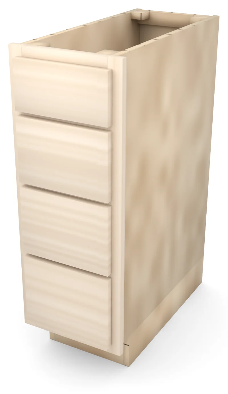 Brushhollow 12" 4-drawer base, slab fronts, 3/4 view, unfinished