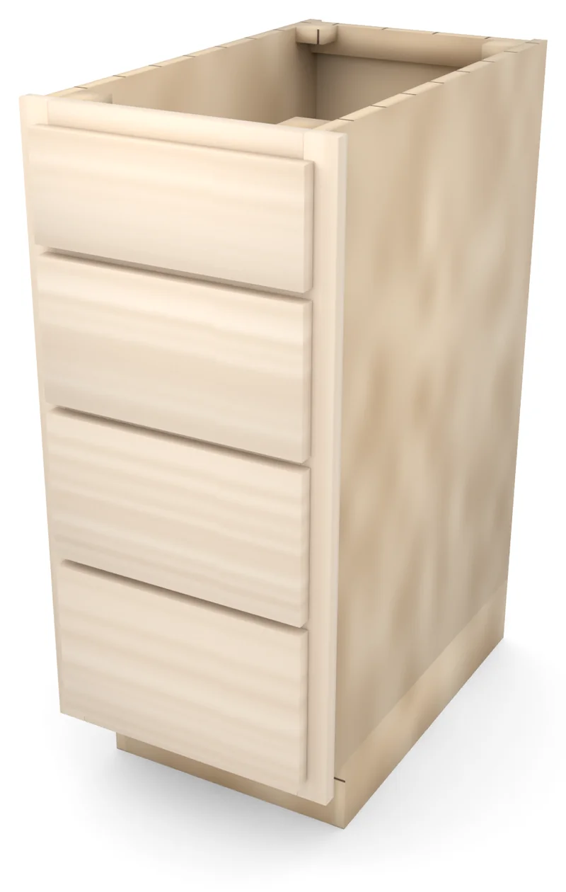 Brushhollow 15" 4-drawer base, slab fronts, 3/4 view, unfinished