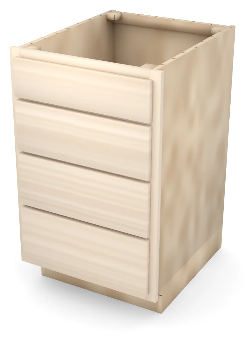 Brushhollow 21" 4-drawer base, slab fronts, 3/4 view, unfinished