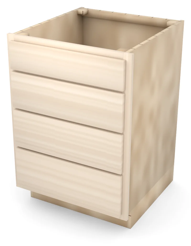 Brushhollow 24" 4-drawer base, slab fronts, 3/4 view, unfinished