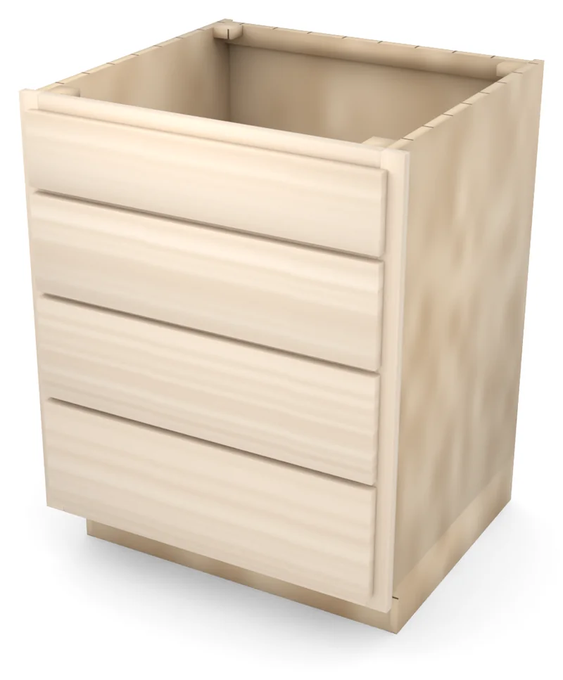 Brushhollow 27" 4-drawer base, slab fronts, 3/4 view, unfinished