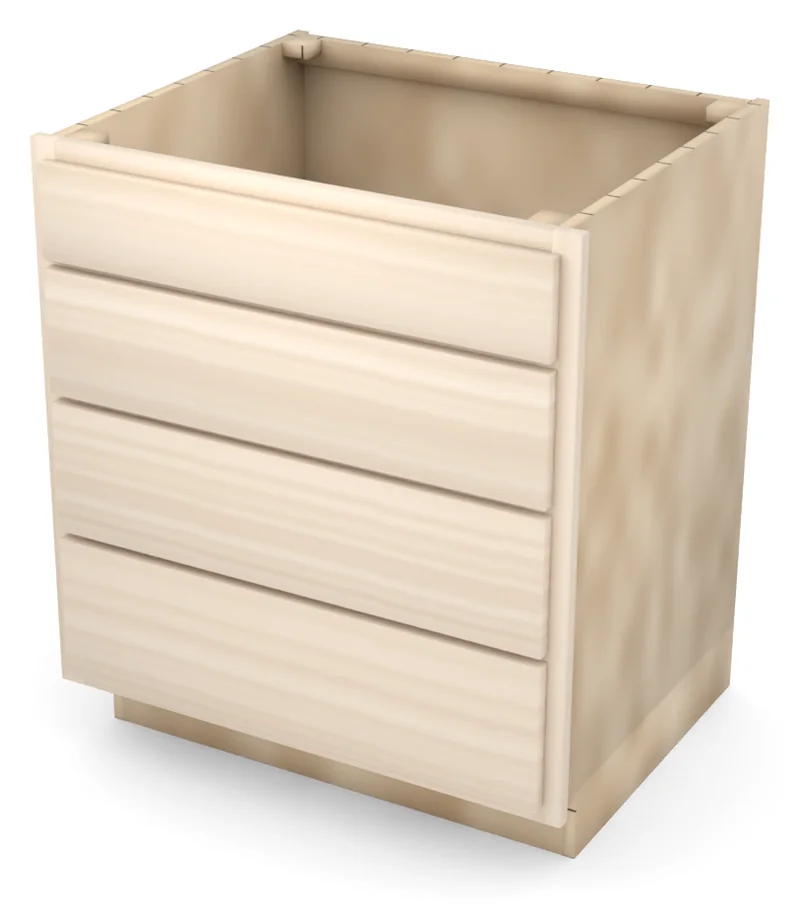 Brushhollow 30" 4-drawer base, slab fronts, 3/4 view, unfinished