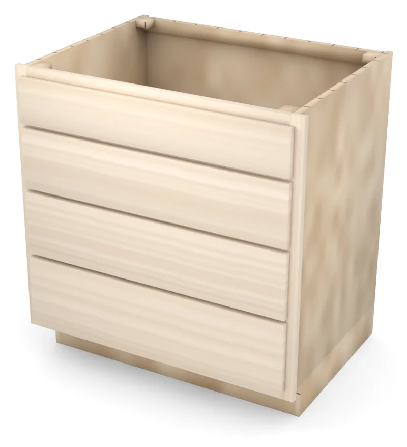 Brushhollow 33" 4-drawer base, slab fronts, 3/4 view, unfinished